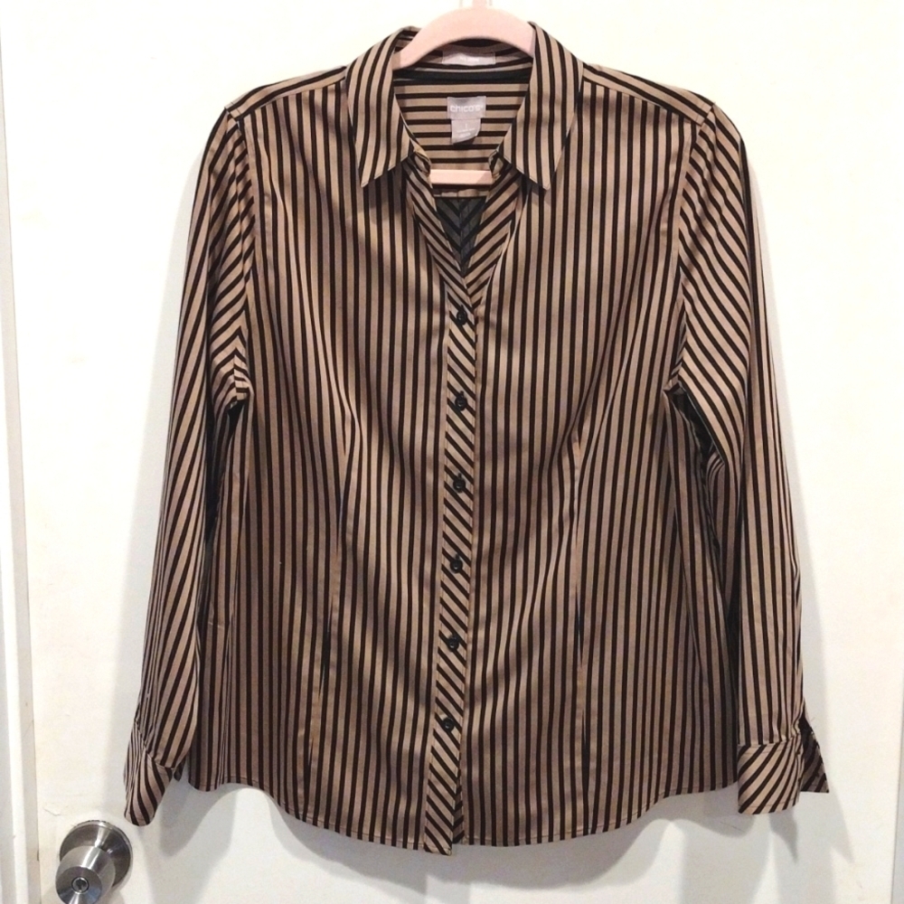 Chico's No Iron Sateen Striped Caroline Shirt Sz 1 (8/10)-Travel Career Preppy